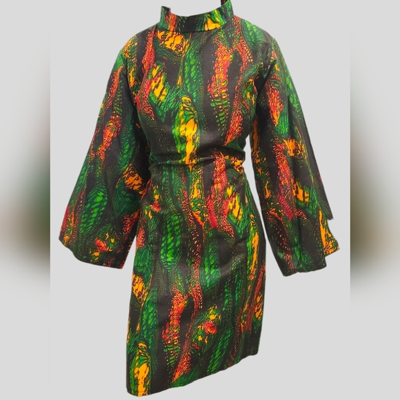 African Print Green Firefly Bell Mini Dress - Picture 4 of 6